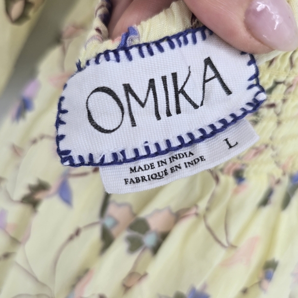 Omika Square Neck Mini Dress floral yellow bow back puffer sleeve size large - Picture 6 of 12